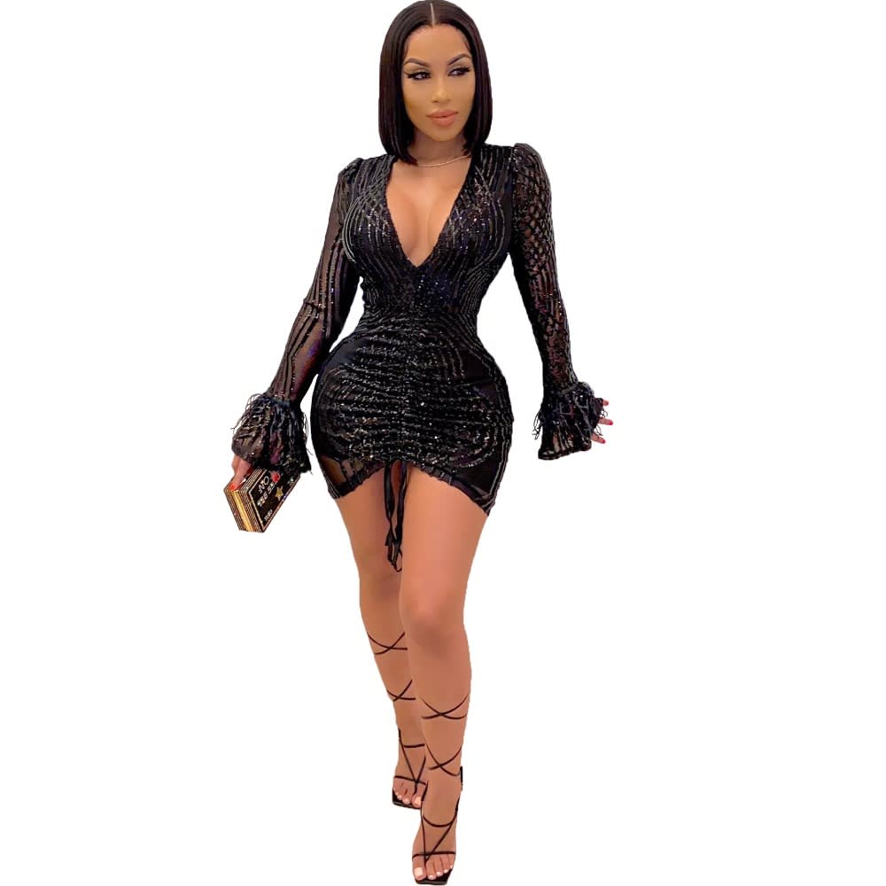 Feather Sequin Mini Dress: Sexy V-Neck Flare Sleeve Lace-Up Bodycon Club Party Robe